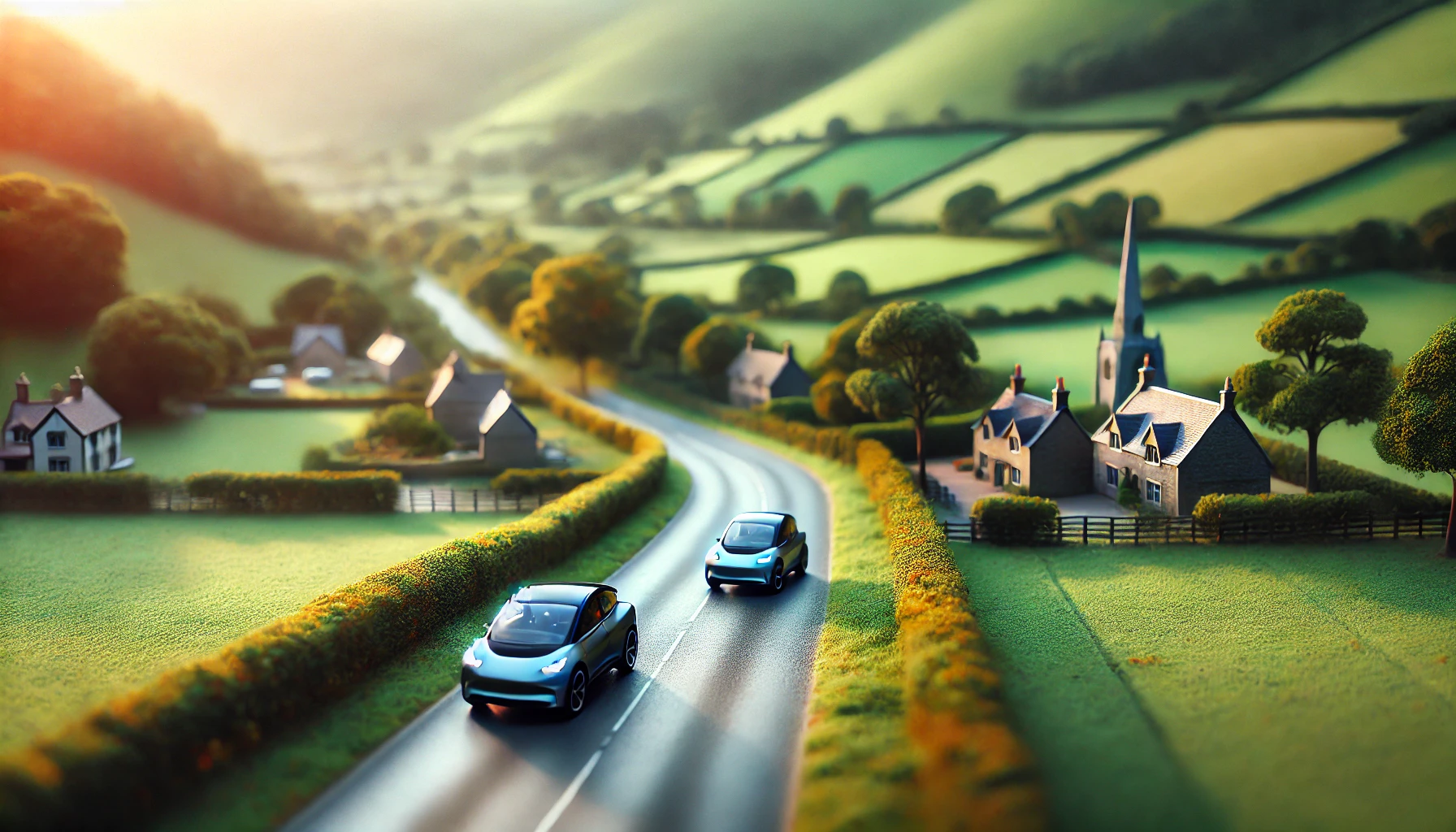 A couple of futuristic EV cars driving in the countryside