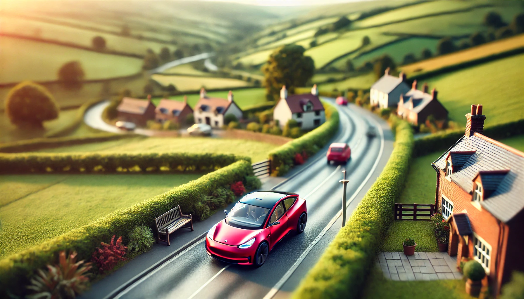 Red electric vehicle driving through the countryside