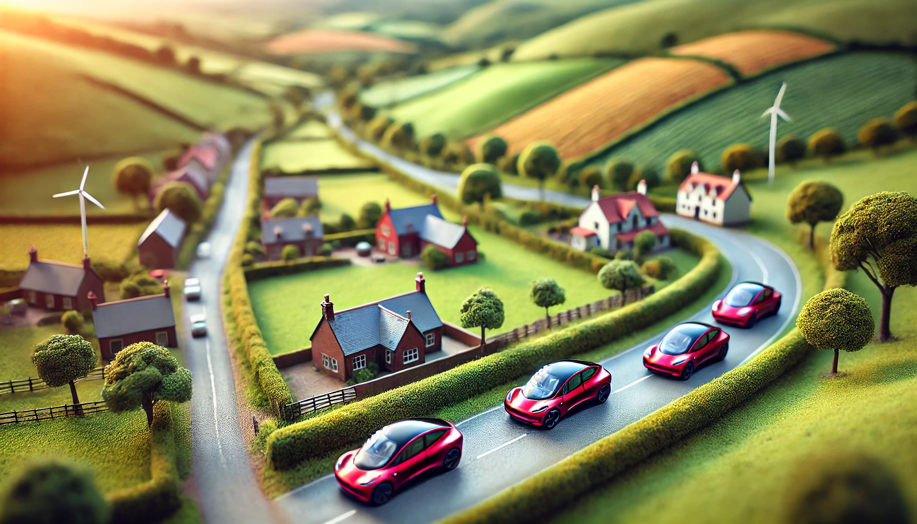 A fleet of EV vehicles in the countryside