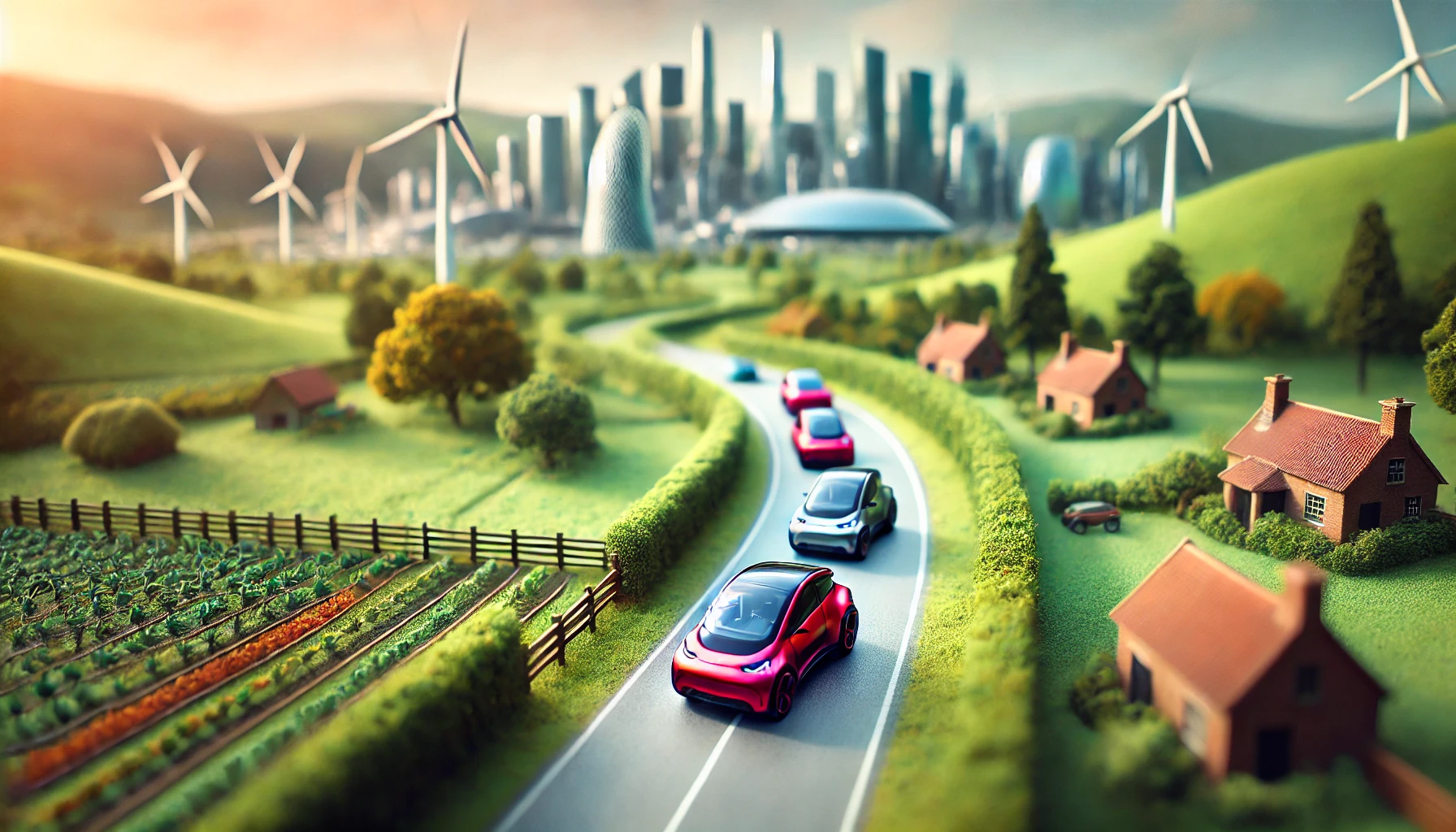 EVs driving in a countryside outside a city