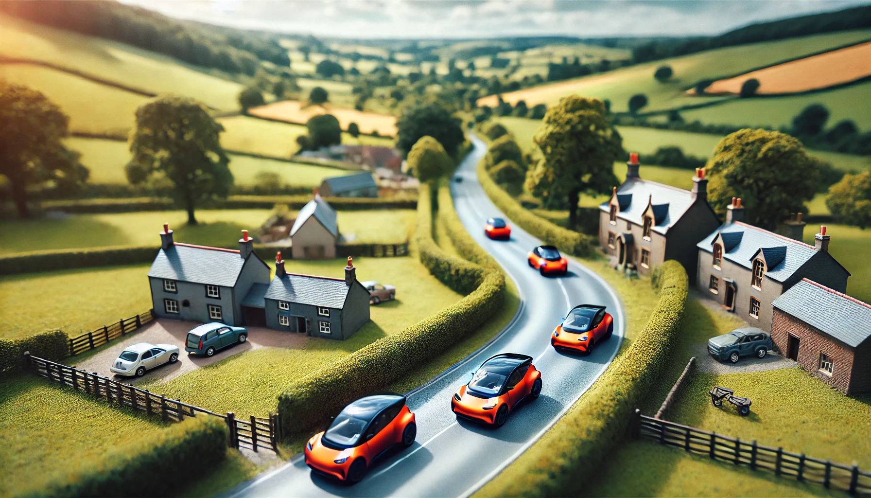 Orange EVs driving on a road in the countryside