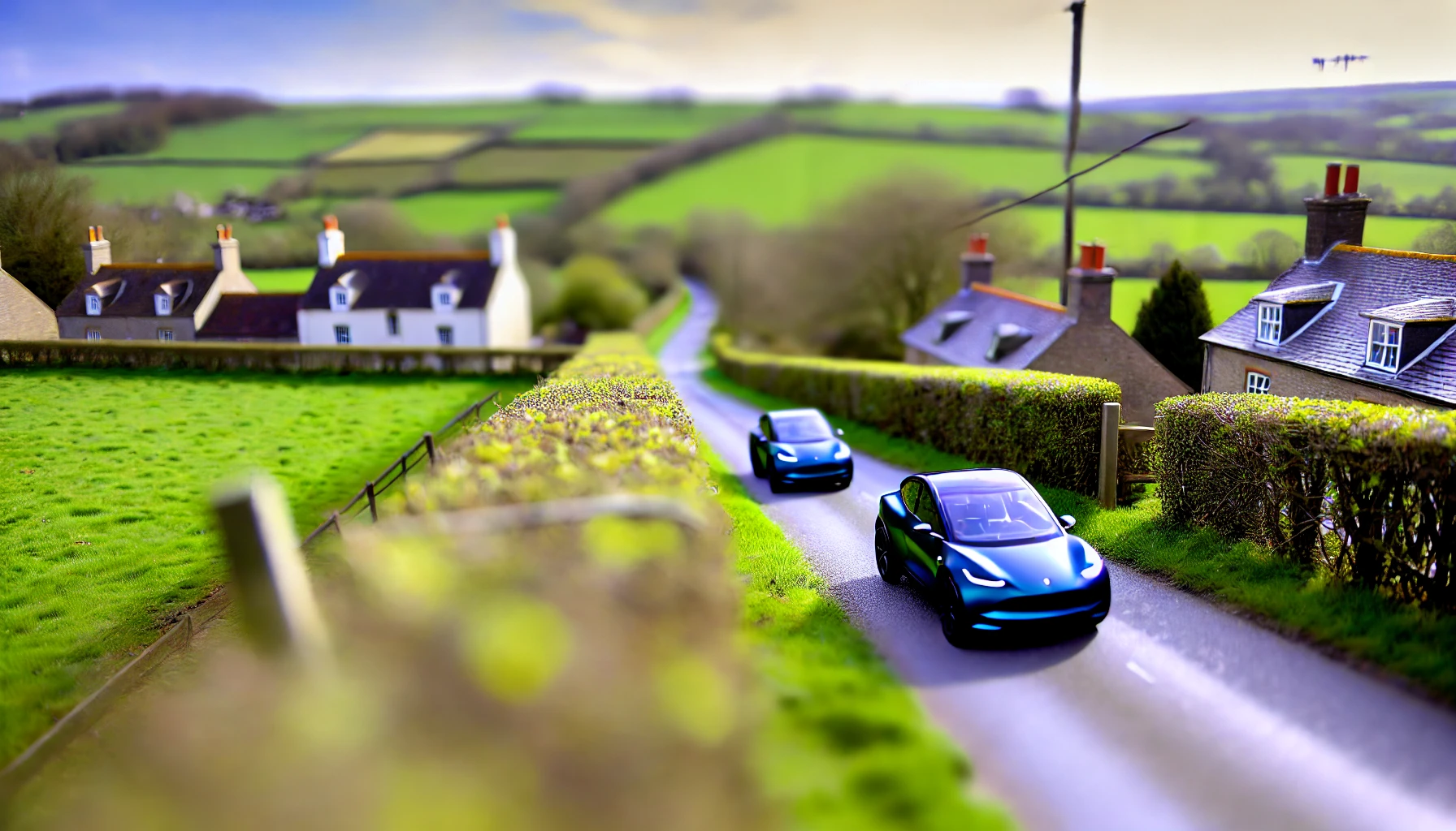 EV vehicles driving in the countryside tilt shift photo