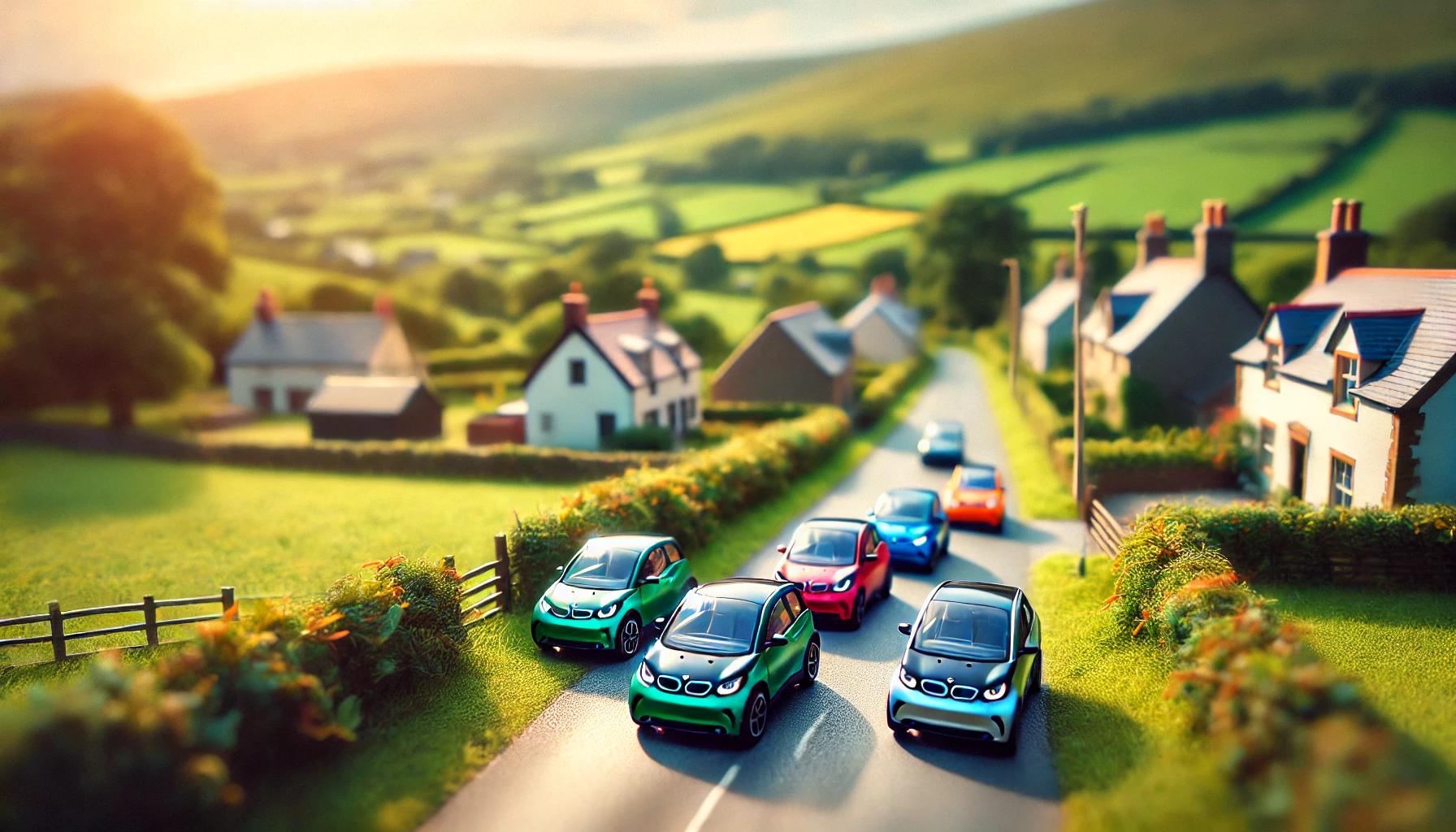EVs in a mix of colors driving in the countryside