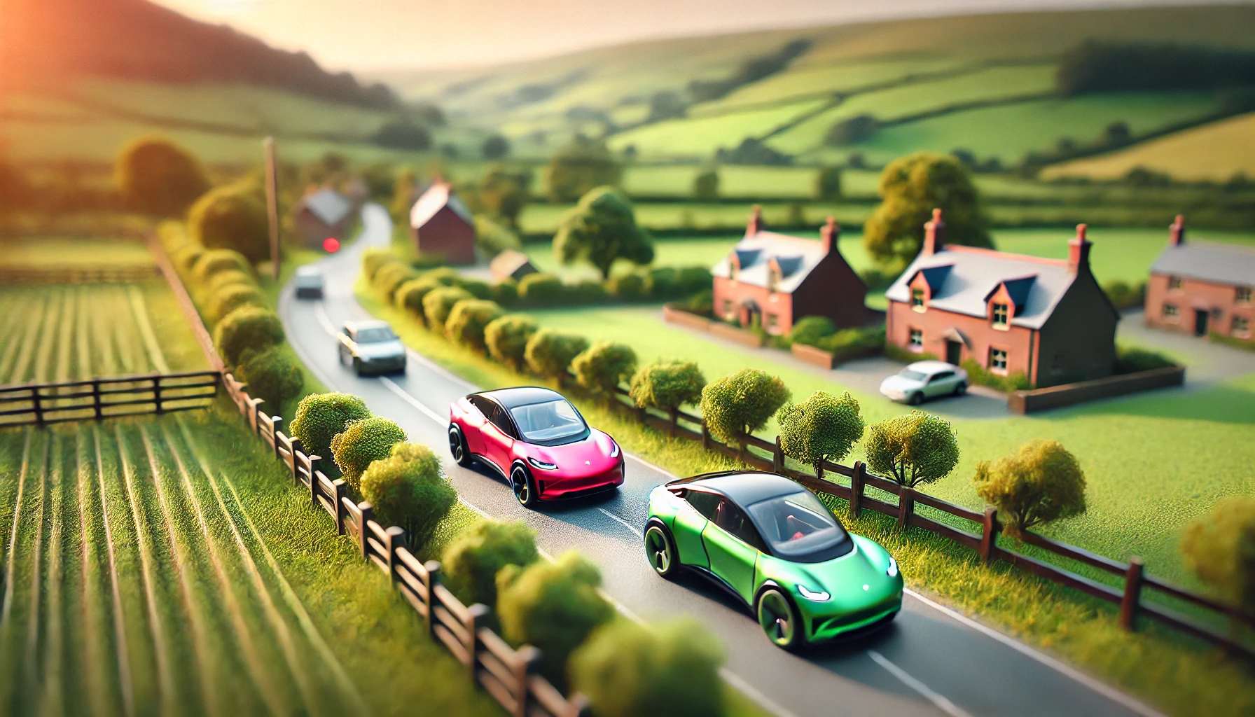Colorful EV cars driving through the countryside