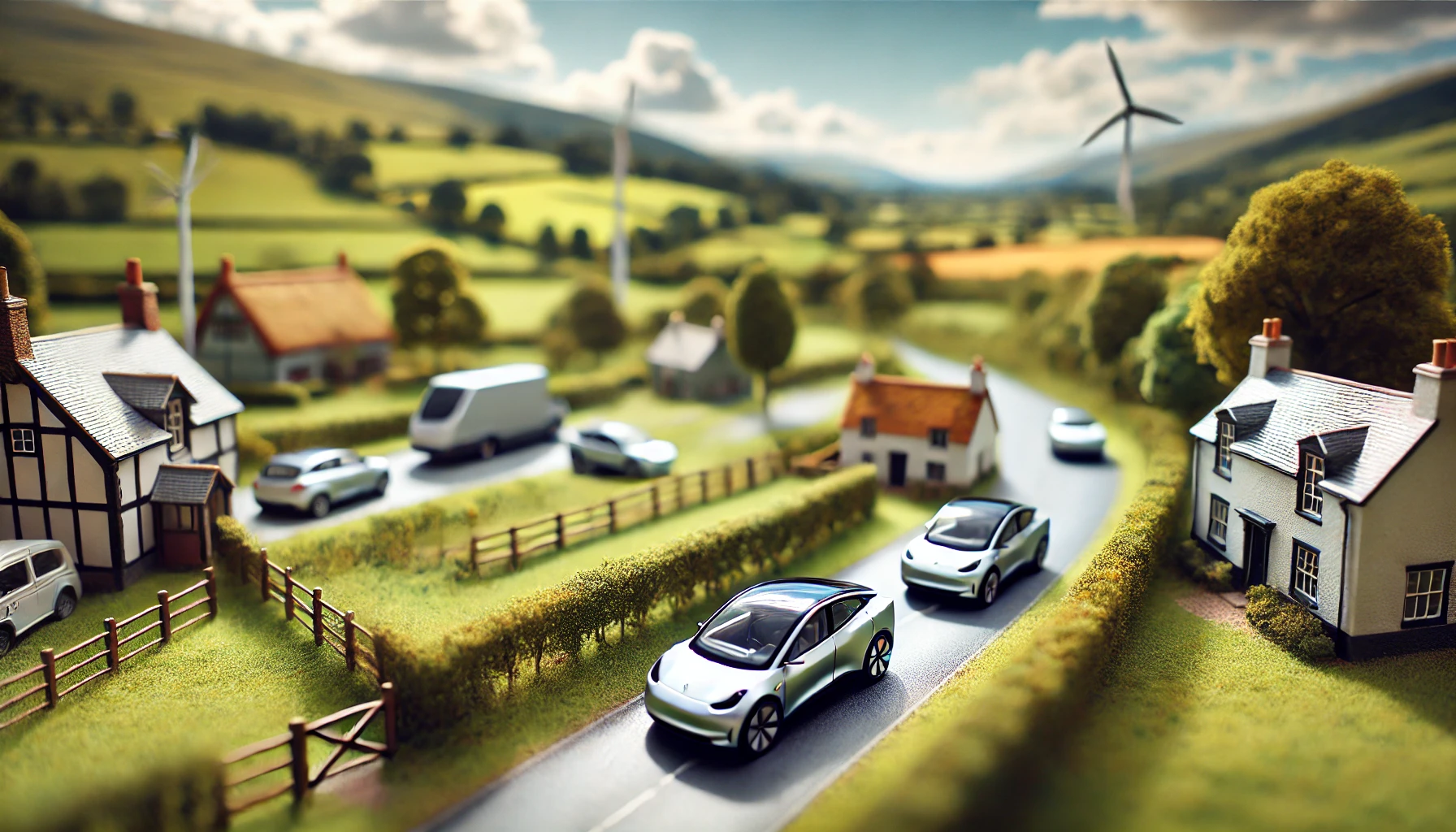 Silver EVs in a countryside town
