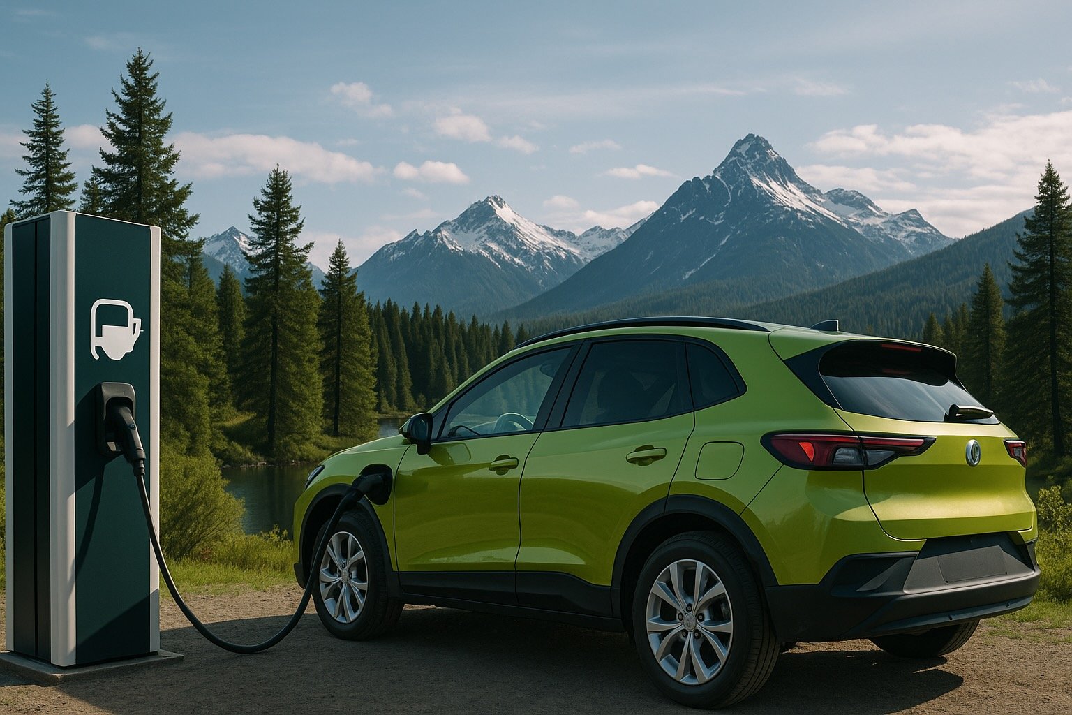 An EV plugged in facing the Cascade Mountains in Oregon