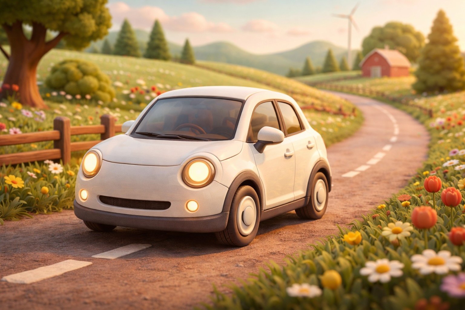 EV car driving through a countryside artistic